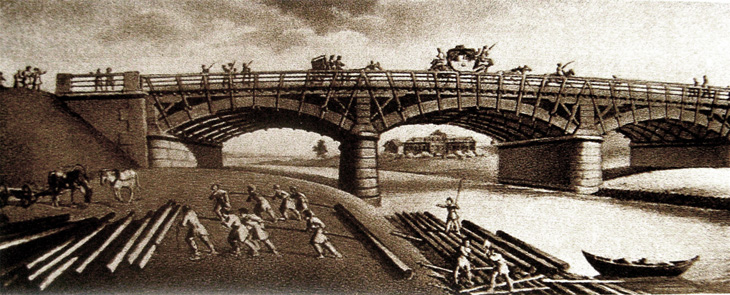 Мост на шоссе Петербург - Москва у Любани, литография неизв. худ.