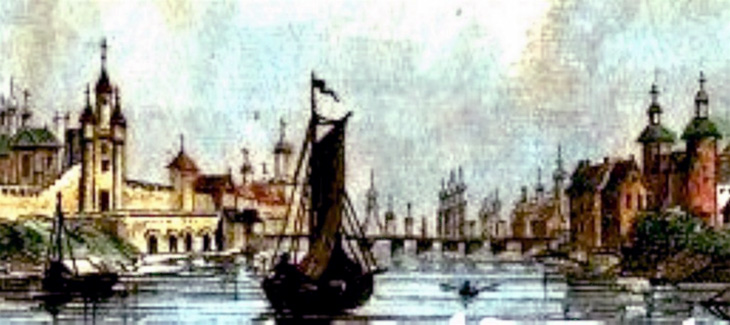 Цветная гравюра Новгорода с мостом Рейхеля, литография Lalaises, худ. Danvin.